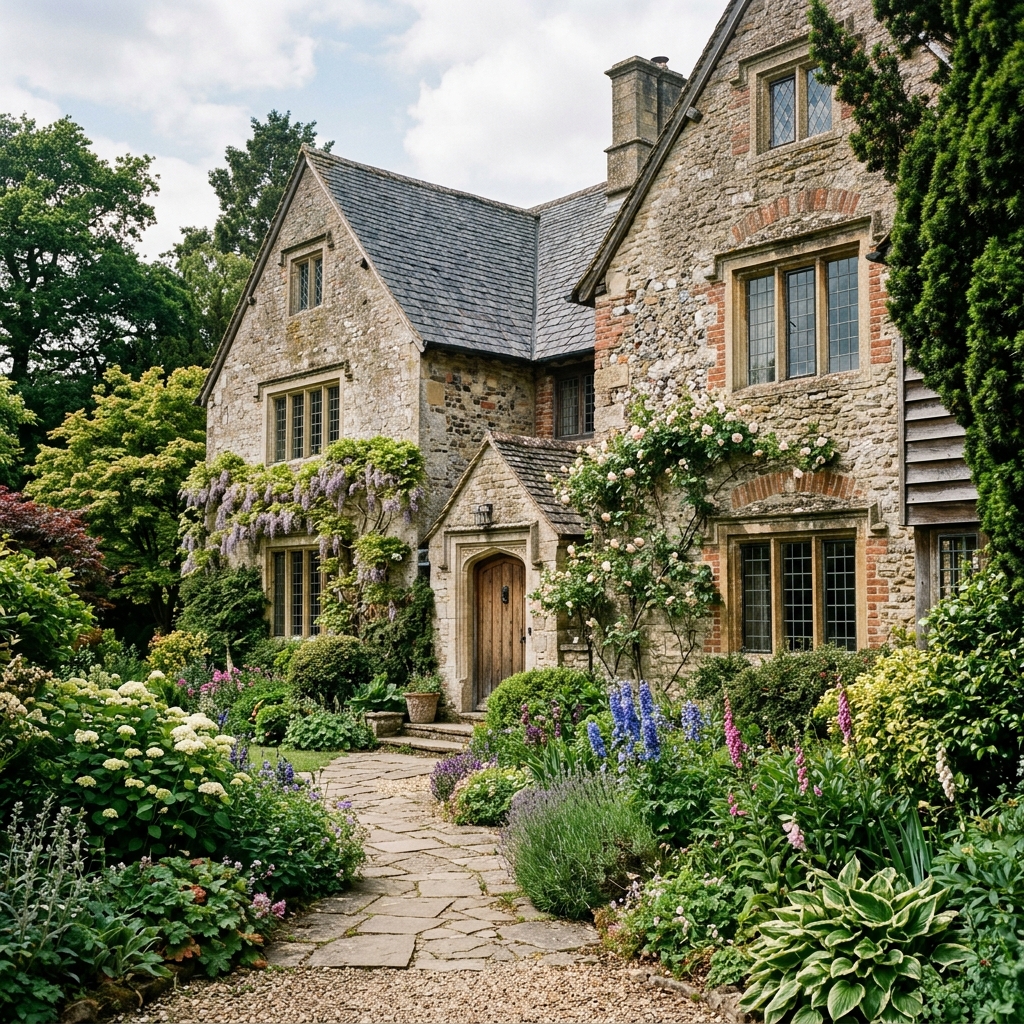 Editorial photography of a traditional residential stone and brick house with mature gardens
