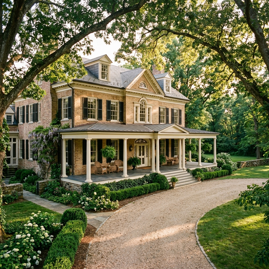 Editorial photography of a warm nostalgic brick family estate home surrounded by mature trees