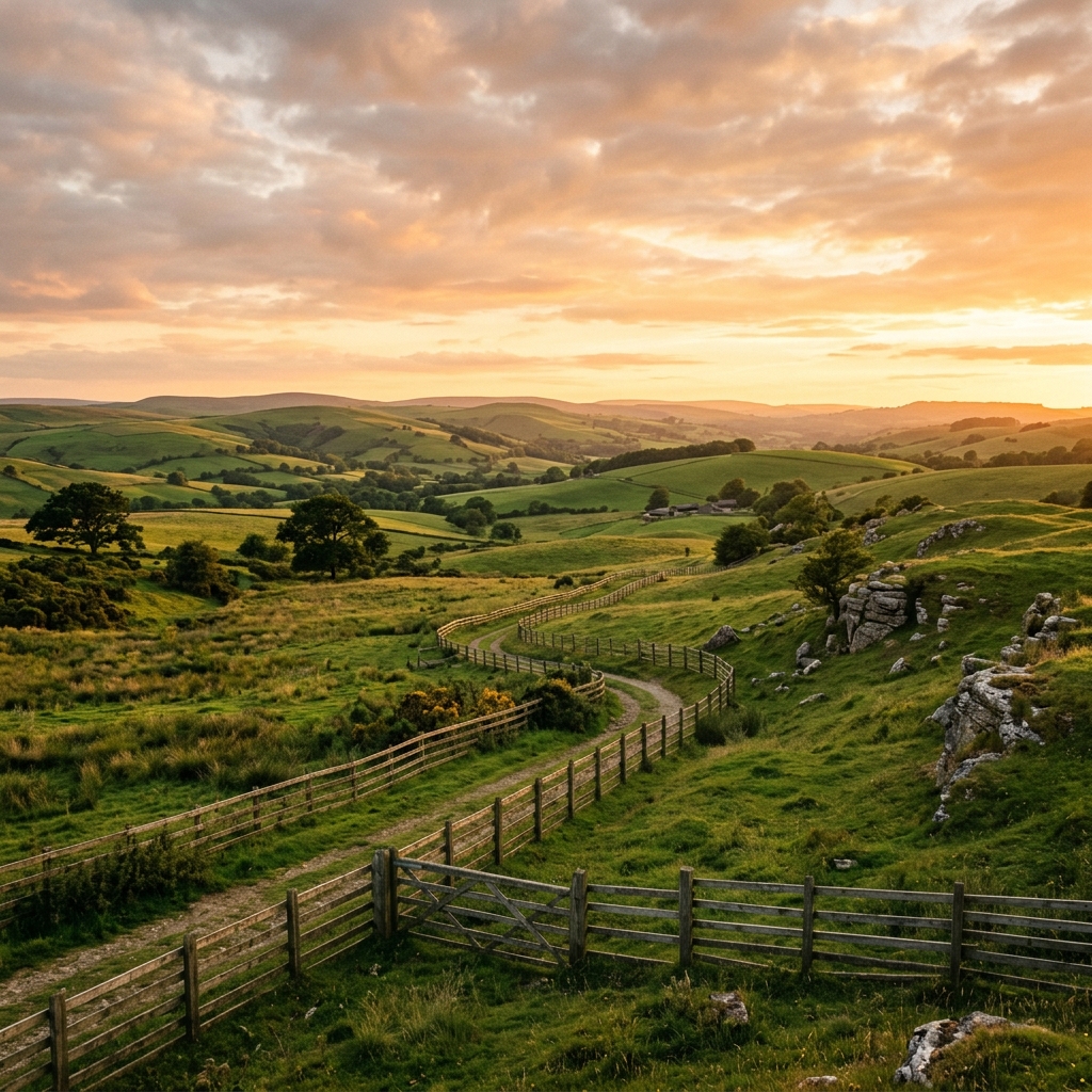 Editorial photography of rolling hills and vacant rural acreage land under golden sunset